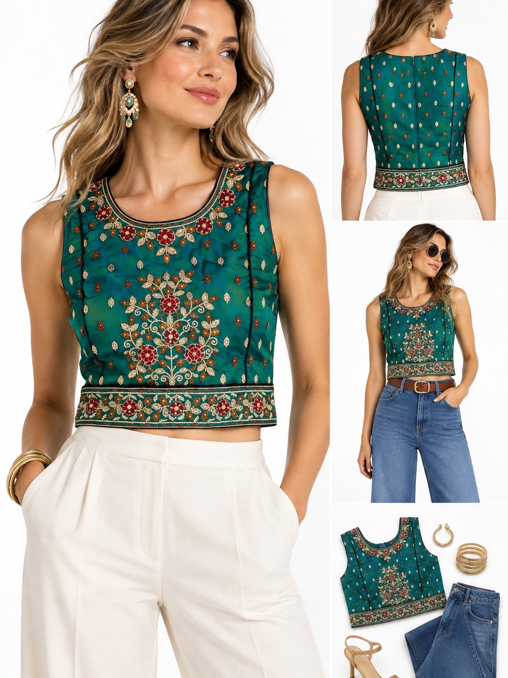 Teal Green Embroidered Zardozi Saree Blouse